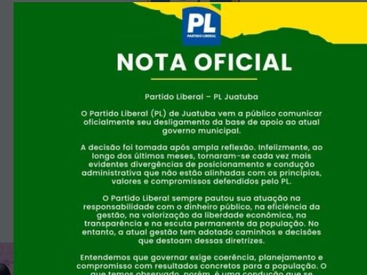 PL rompe com governo de Juatuba e anuncia saída da base: partido cita divergências com a gestão